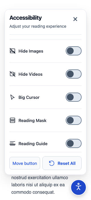 Real narrow-screen settings panel with tool scrolling and fixed close, movement and reset actions